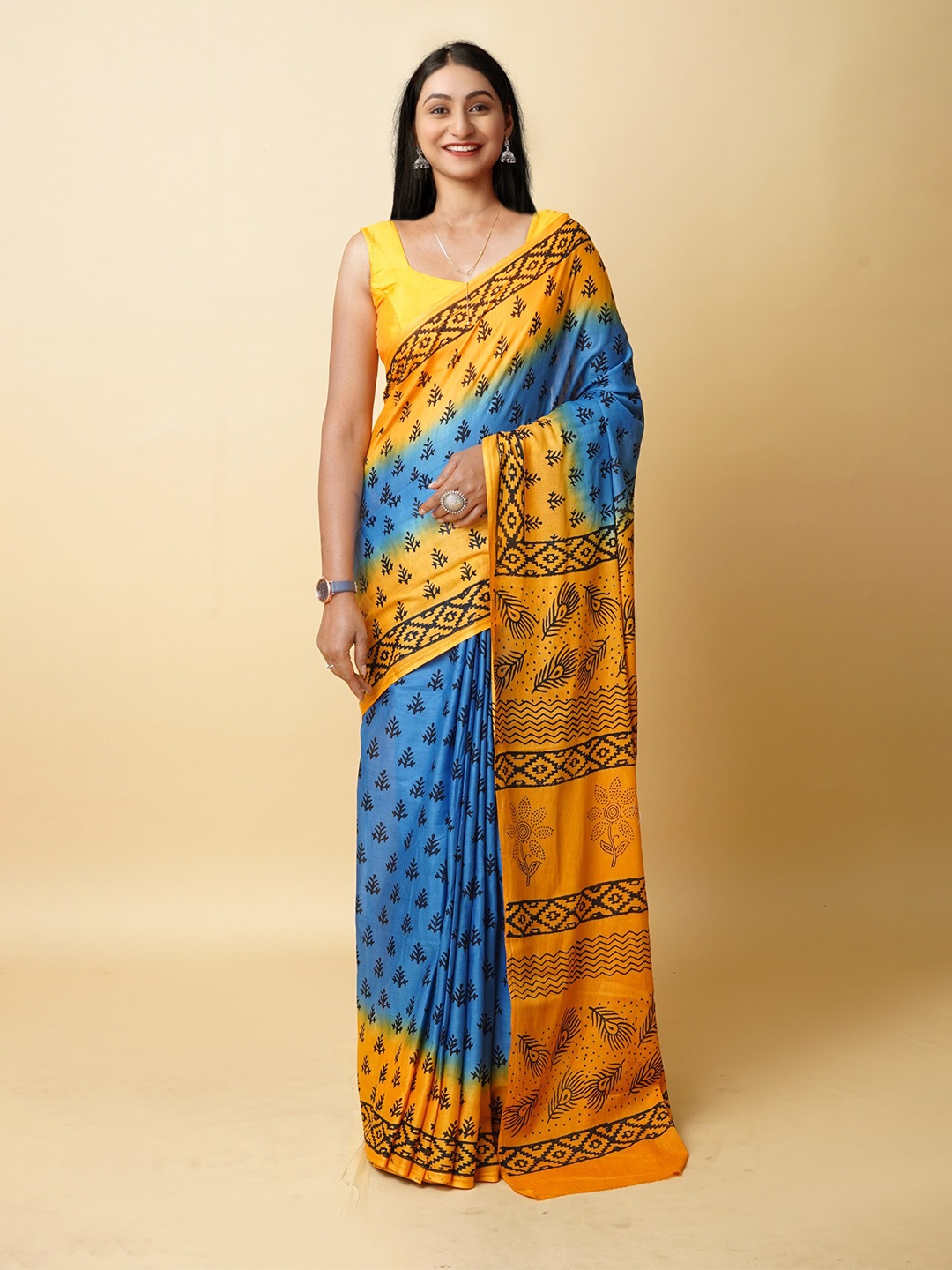 

Unnati Silks Ethnic Motifs Printed Pure Cotton Block Print Saree, Blue