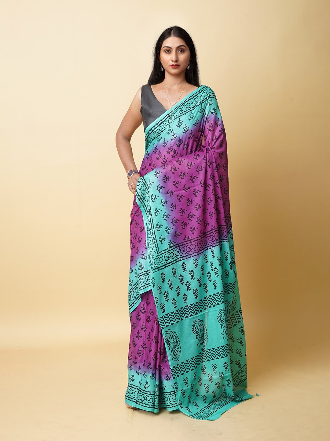 

Unnati Silks Ethnic Motifs Pure Cotton Block Print Saree, Purple