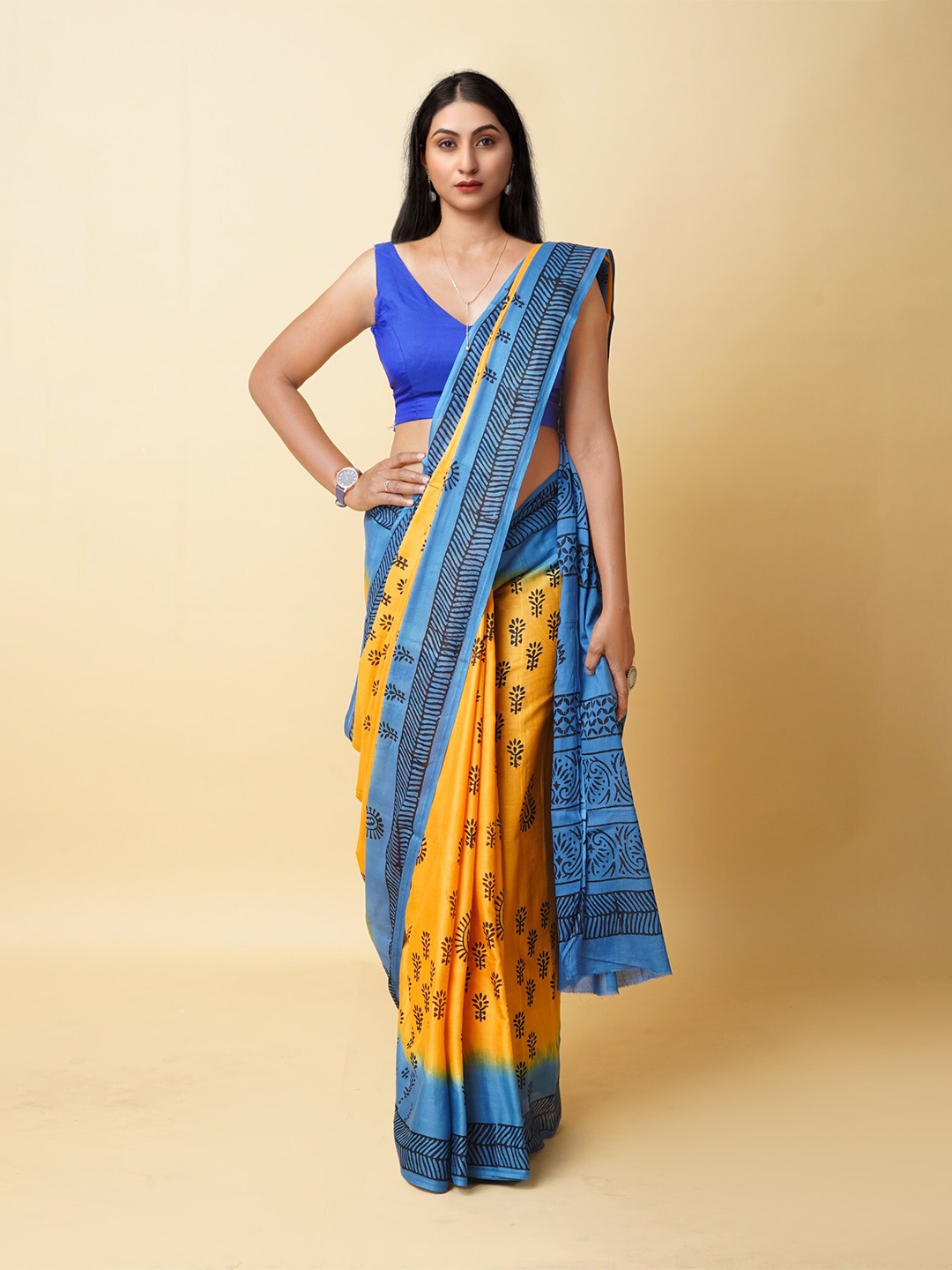 

Unnati Silks Ethnic Motifs Pure Cotton Handloom Block Print Saree, Yellow