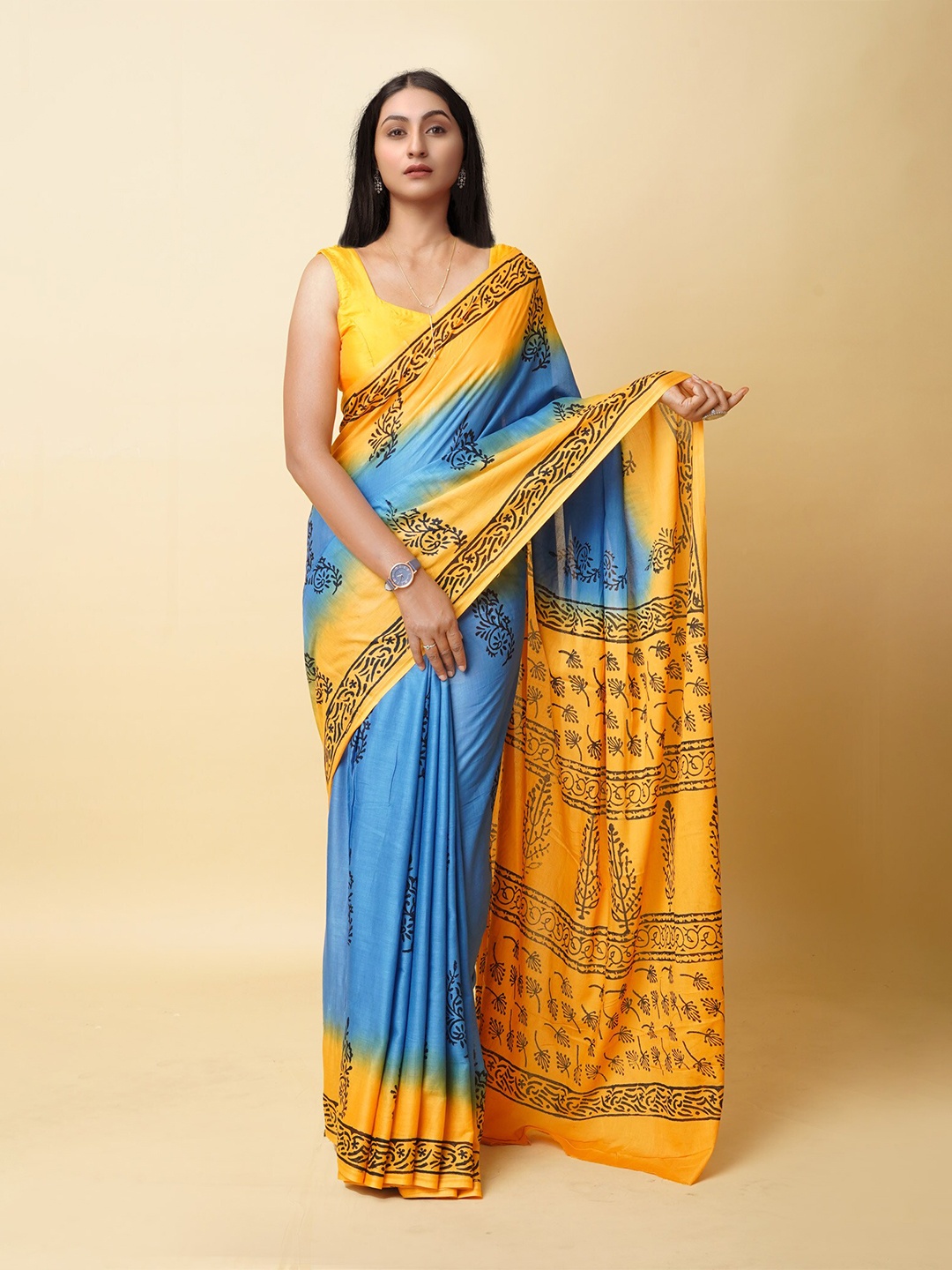 

Unnati Silks Ethnic Motifs Pure Cotton Handloom Block Print Saree, Blue