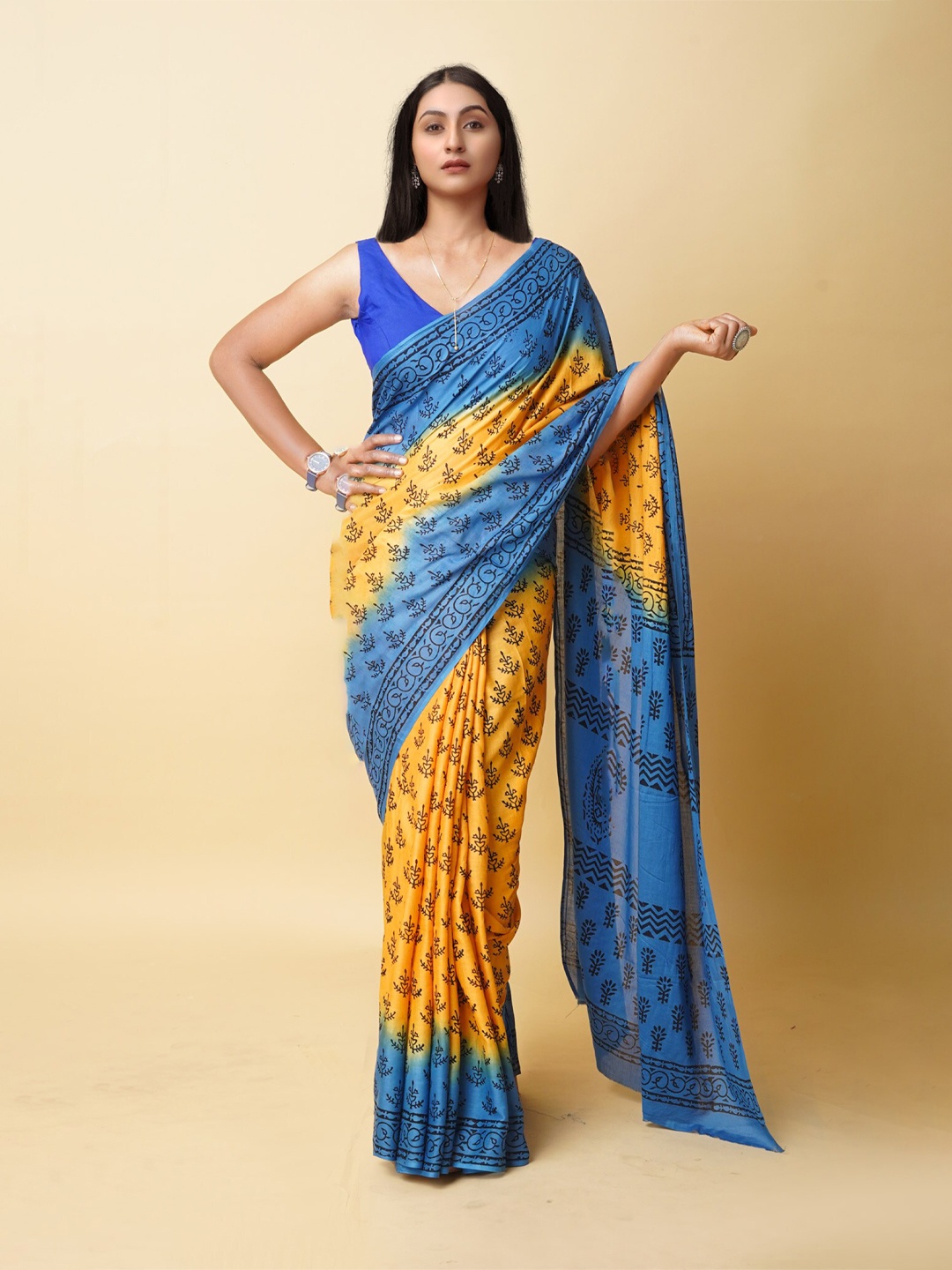 

Unnati Silks Ethnic Motifs Printed Pure Cotton Block Print Saree, Yellow