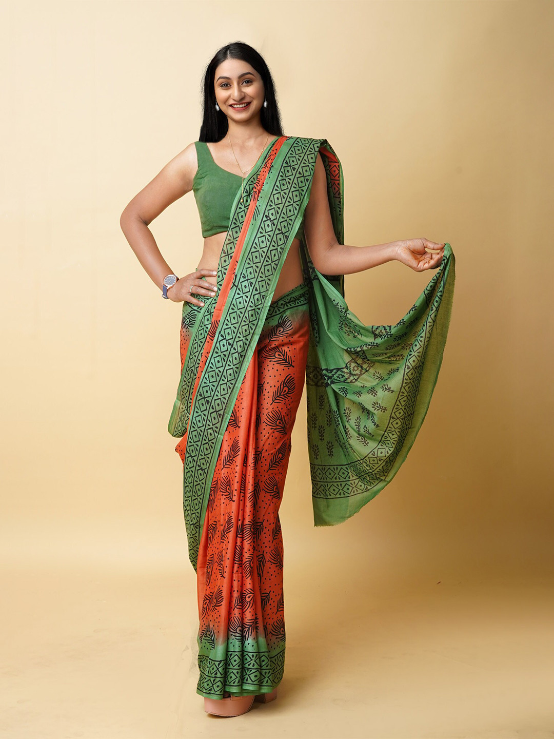 

Unnati Silks Ethnic Motifs Printed Pure Cotton Block Print Saree, Orange