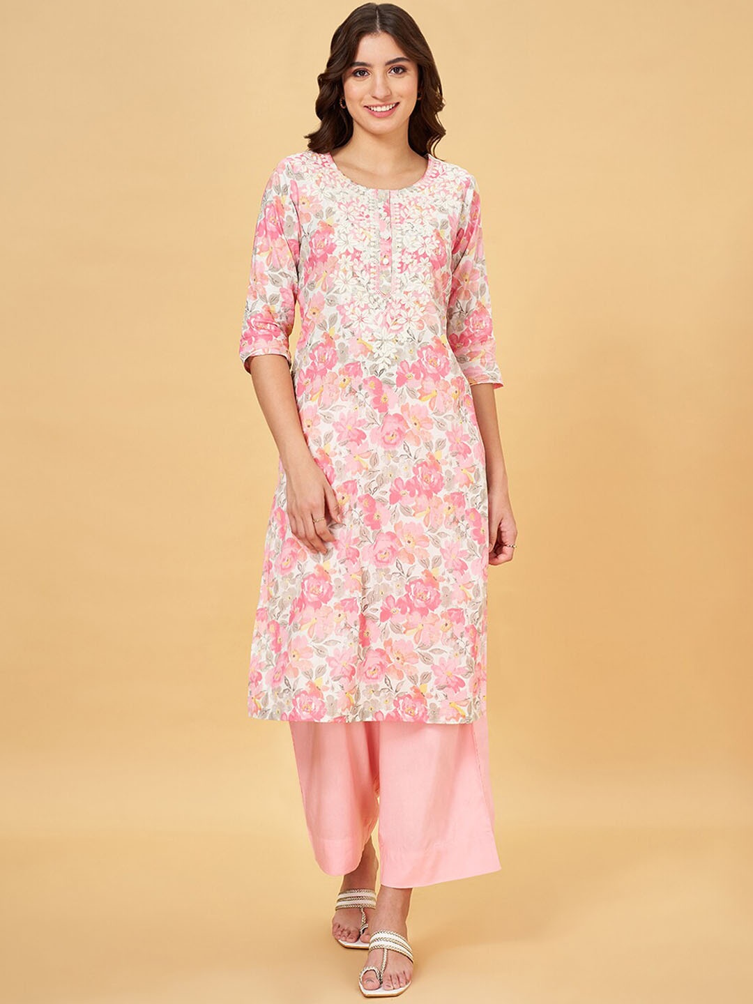 

RANGMANCH BY PANTALOONS Floral Printed Thread Work Straight Cotton Kurta, Pink