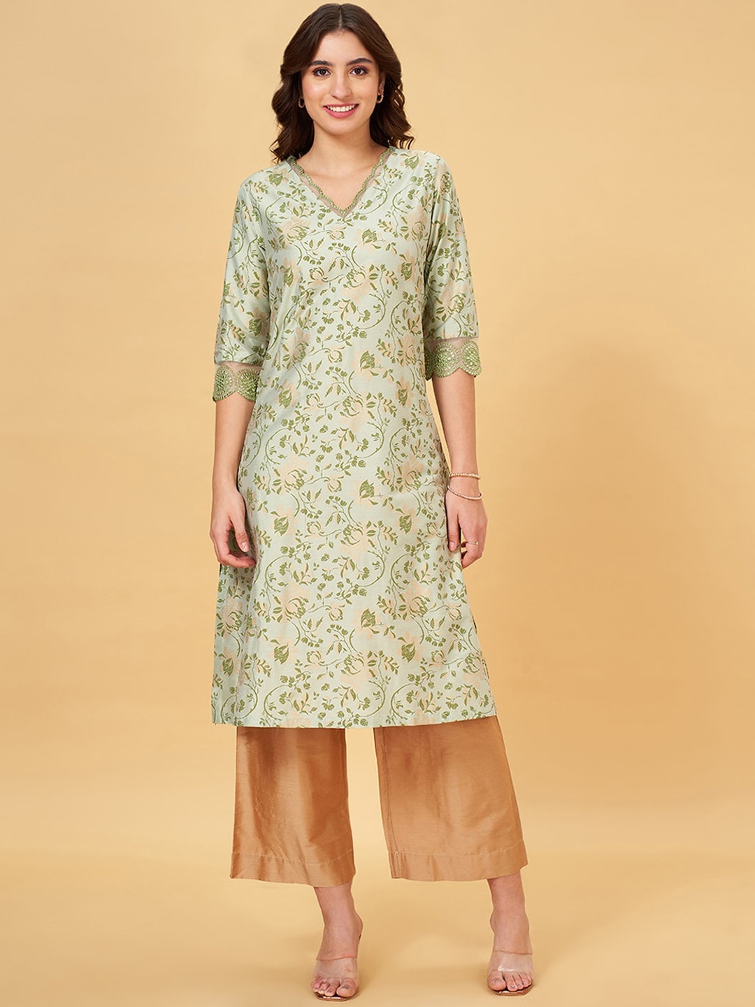 

RANGMANCH BY PANTALOONS Floral Printed V-Neck Straight Kurta, Olive