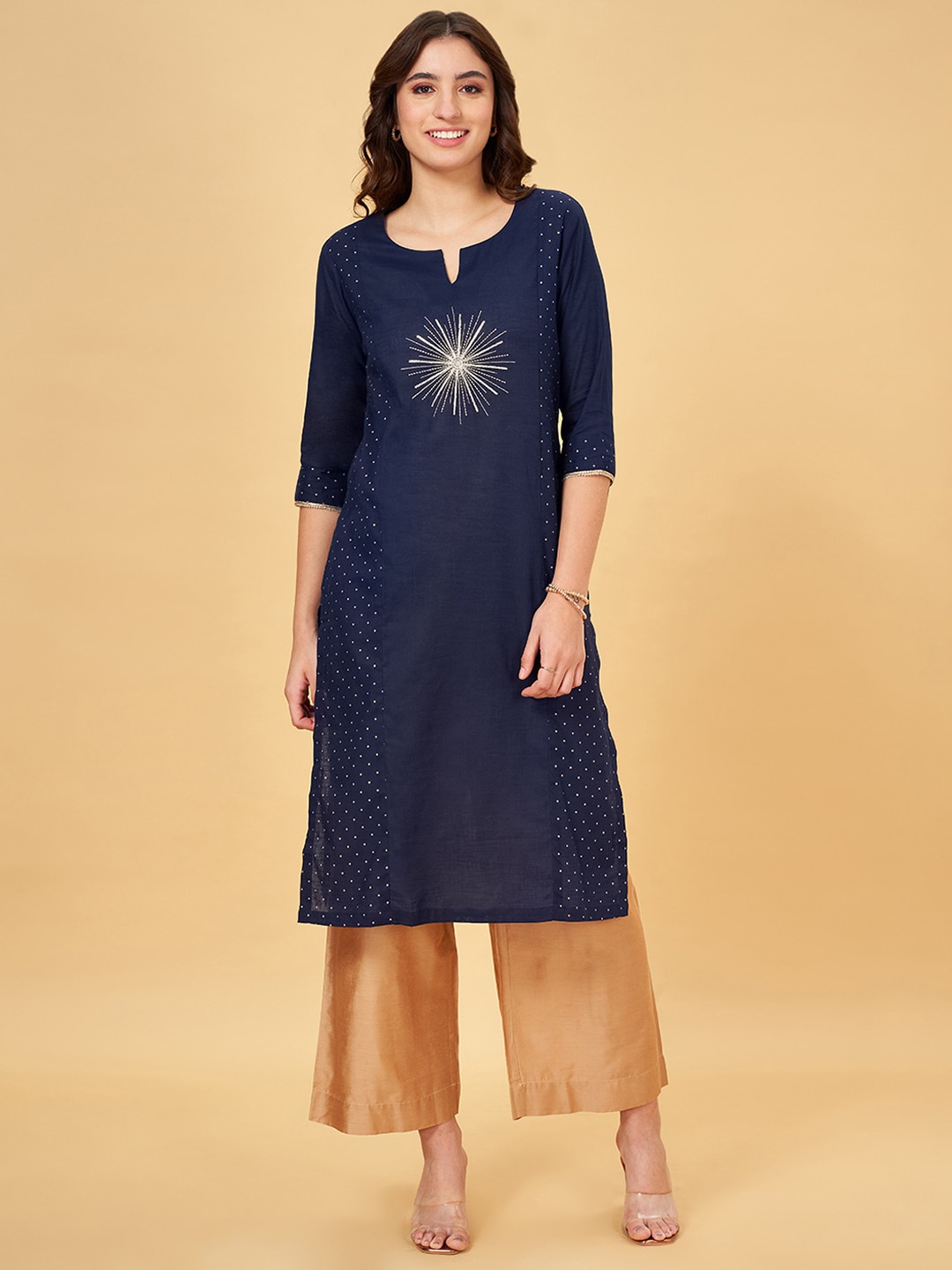 

RANGMANCH BY PANTALOONS Embroidered Notched Neck Sequinned Straight Pure Cotton Kurta, Navy blue