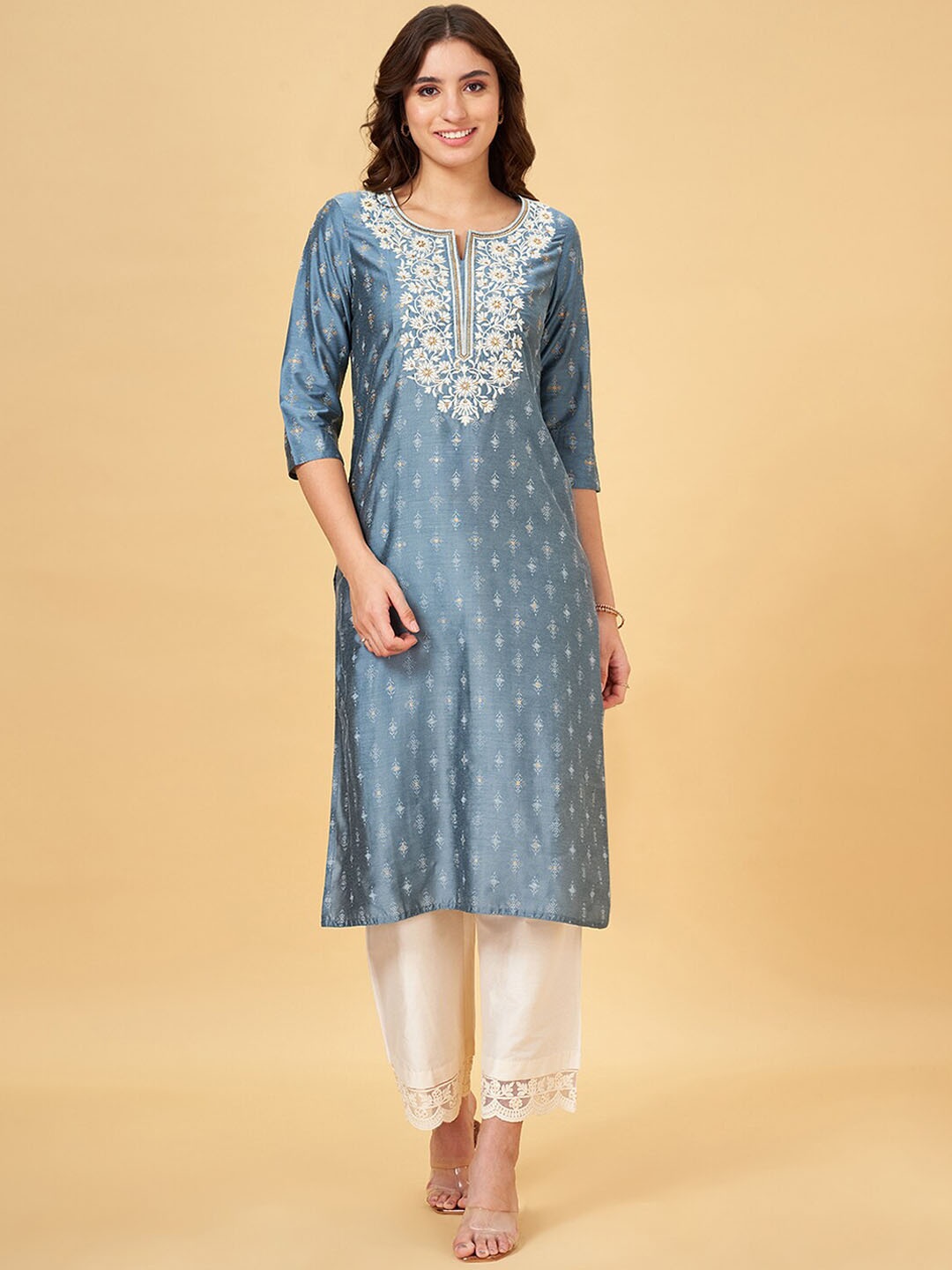 

RANGMANCH BY PANTALOONS Ethnic Motifs Round Neck Thread Work Straight Kurta, Blue