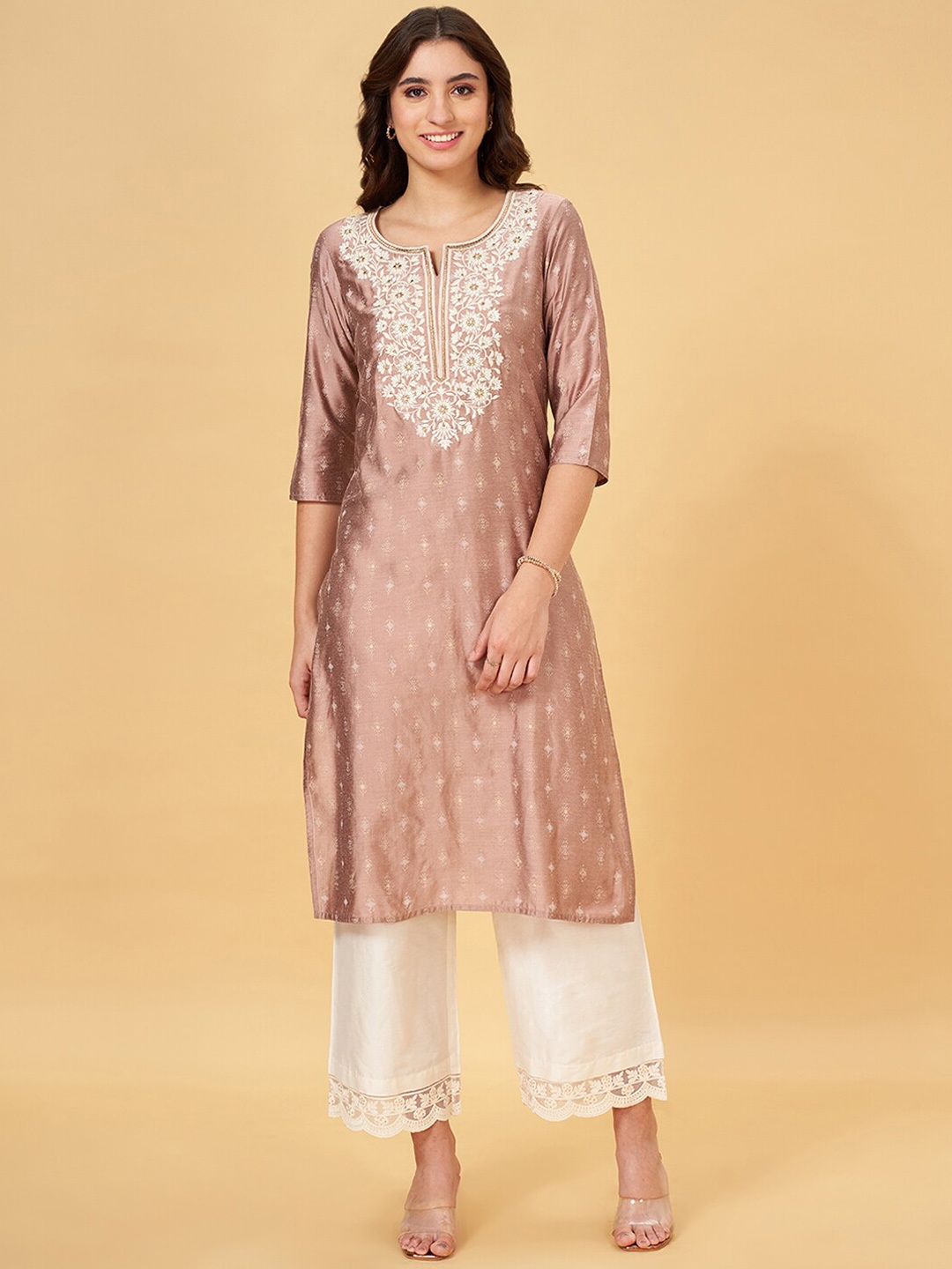 

RANGMANCH BY PANTALOONS Ethnic Motifs Round Neck Thread Work Straight Kurta, Mauve