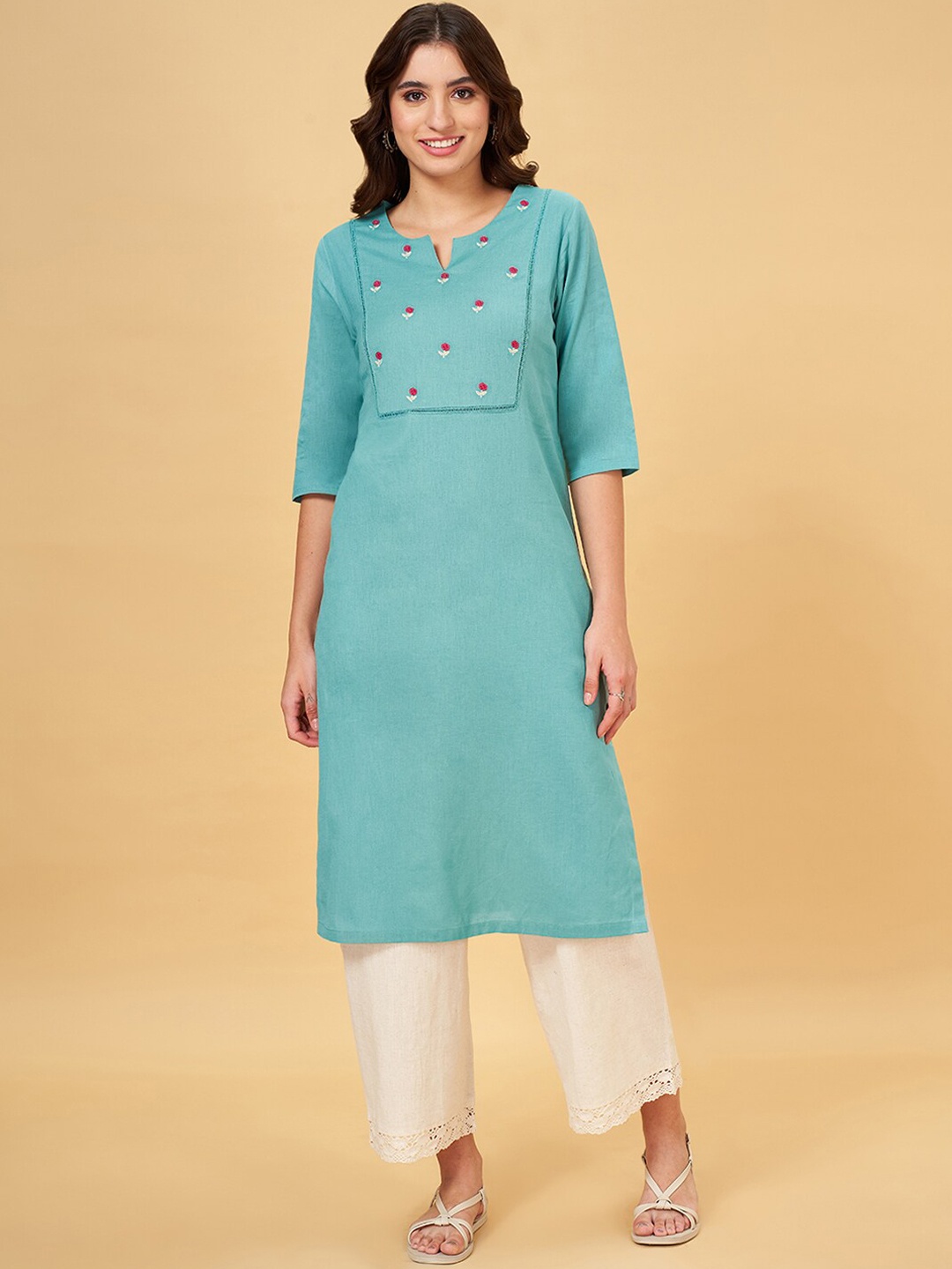 

RANGMANCH BY PANTALOONS Floral Yoke Design Round Neck Thread Work Straight Kurta, Turquoise blue