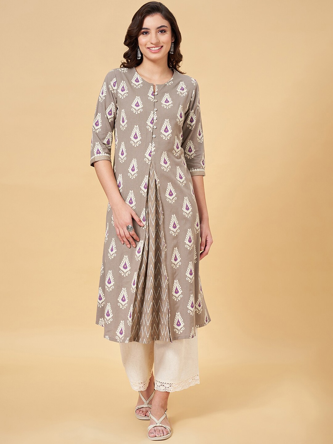 

RANGMANCH BY PANTALOONS Ethnic Motifs Printed Layered Pure Cotton Kurta, Grey