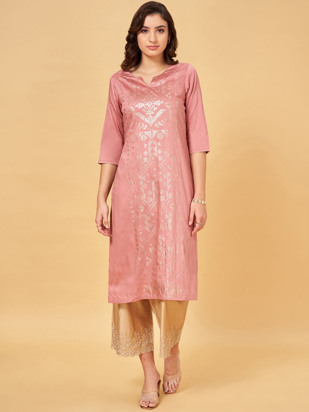 

RANGMANCH BY PANTALOONS Woven Designed Round Neck Thread Work Straight Kurta, Peach