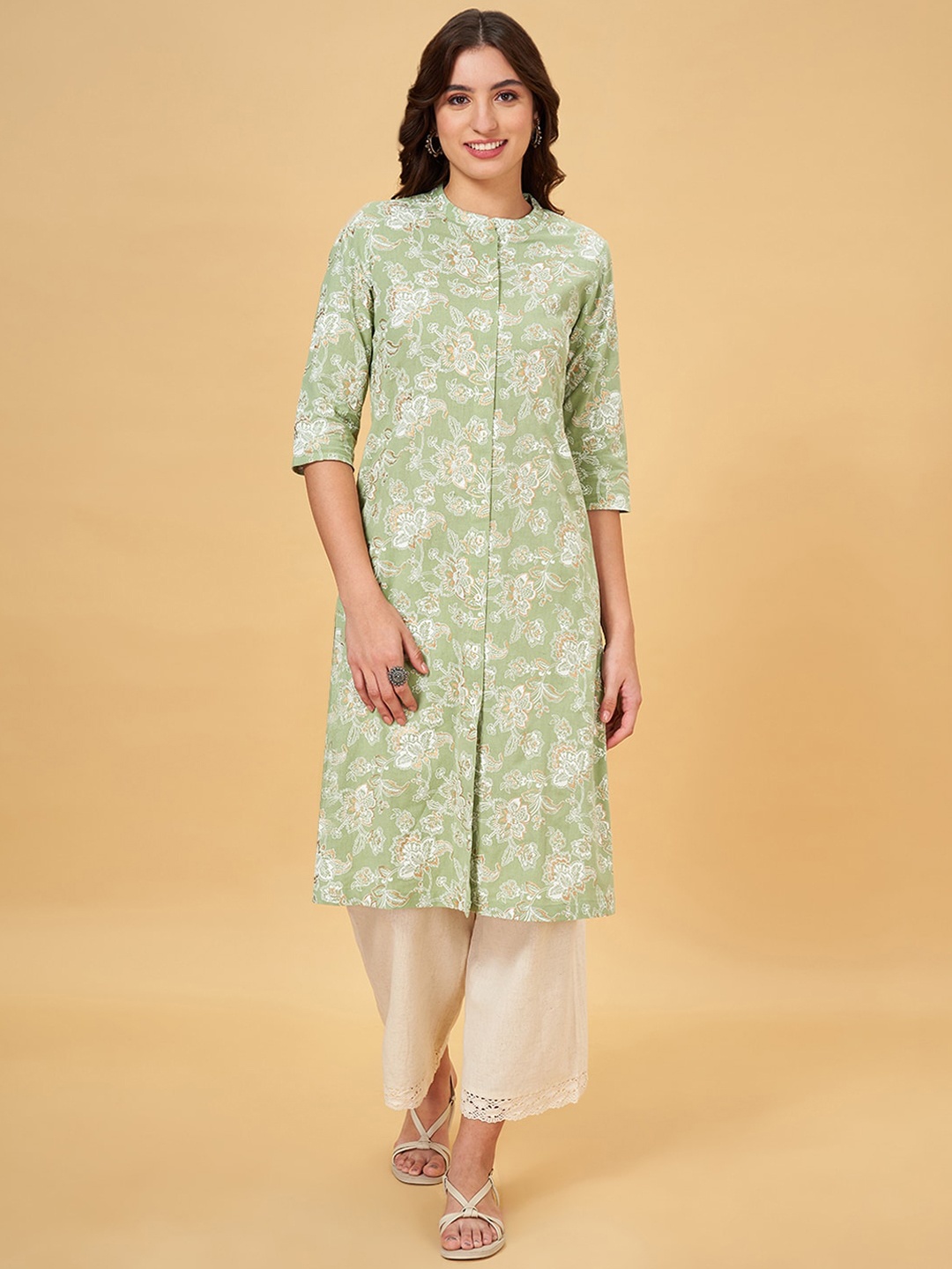 

RANGMANCH BY PANTALOONS Ethnic Motifs Printed Mandarin Collar Cotton Straight Kurta, Olive