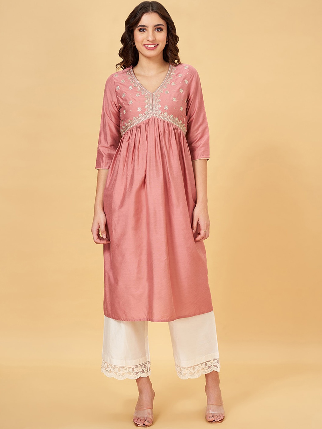 

RANGMANCH BY PANTALOONS Yoke Design V-Neck Empire Thread Work A-Line Kurta, Peach