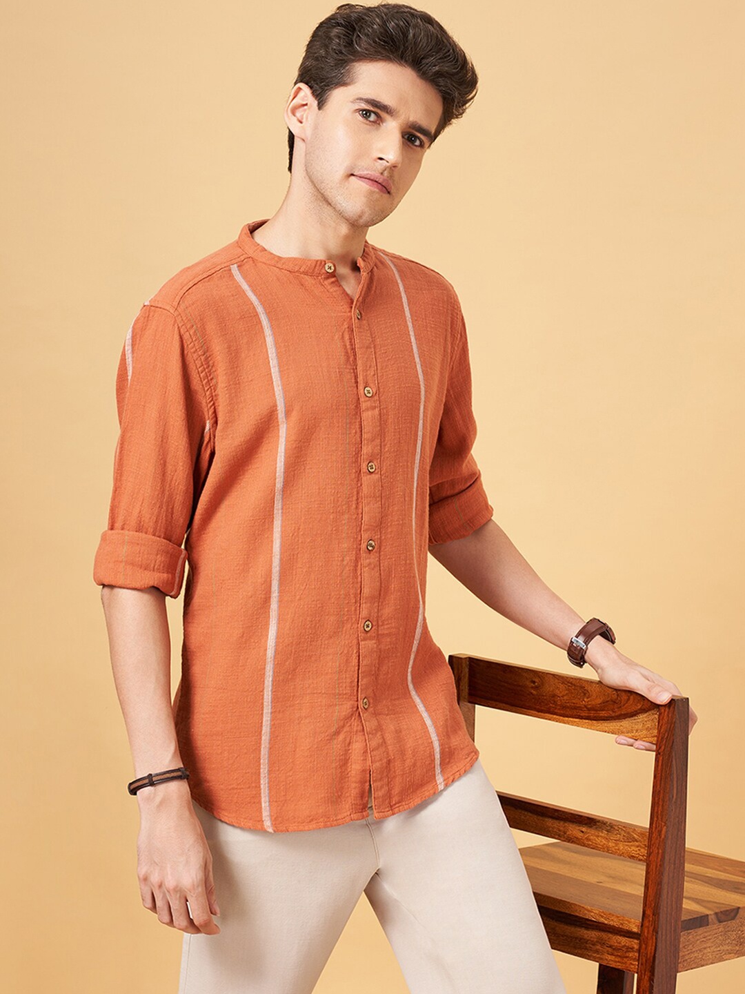 

7 Alt by Pantaloons Mandarin Collar Striped Casual Shirt, Rust