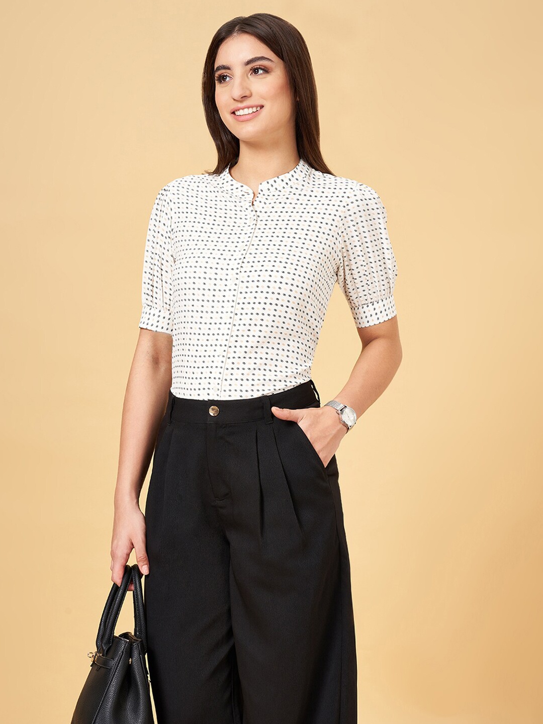 

Annabelle by Pantaloons Abstract Printed Mandarin Collar Formal Shirt, Off white