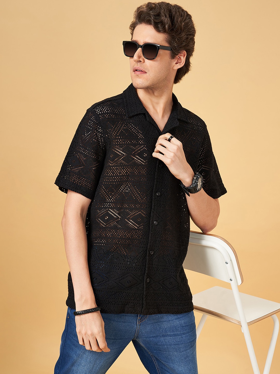 

People Black Relaxed Fit Geometric Self Design Cuban Collar Casual Shirt