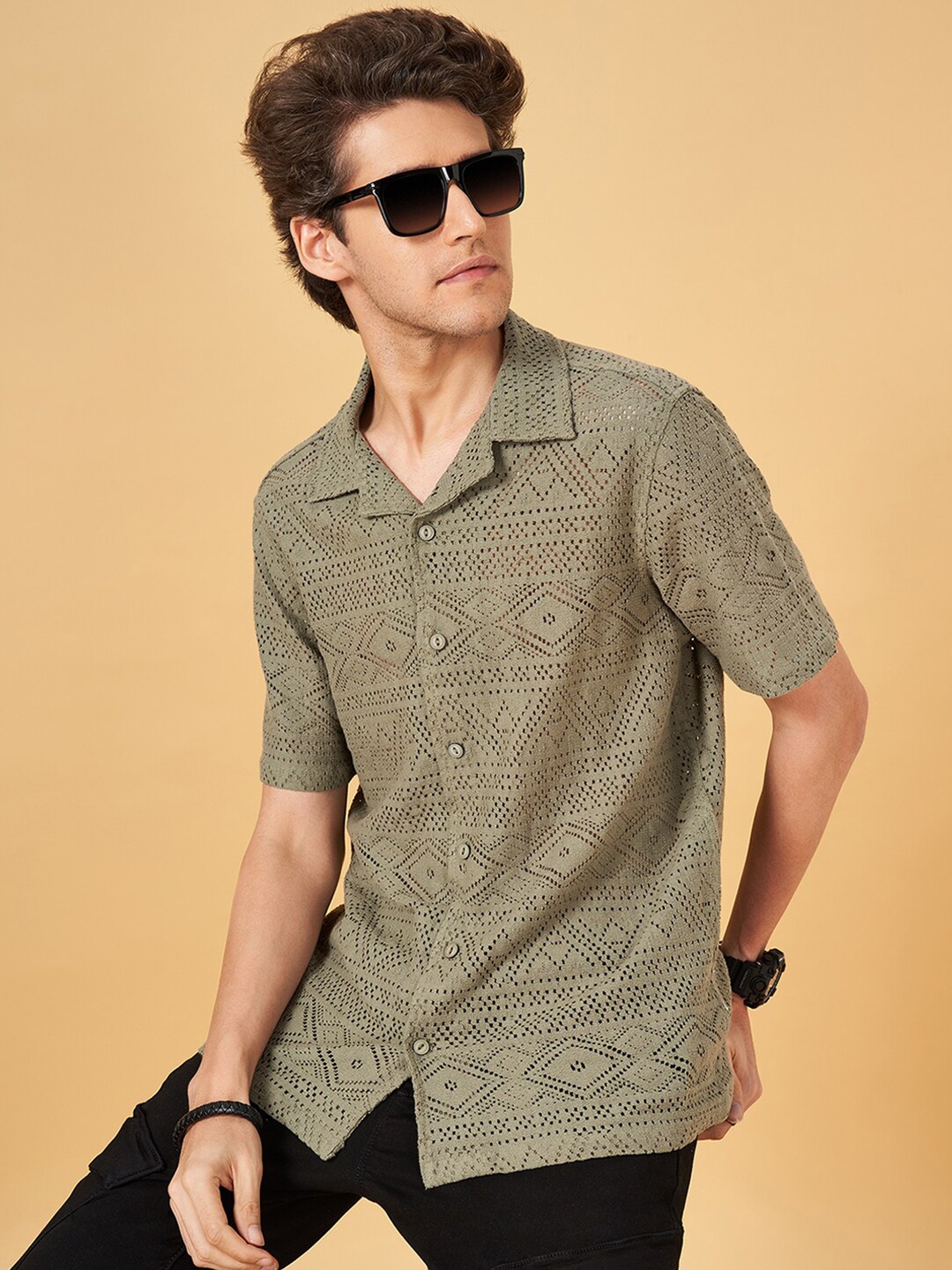 

People Olive Green Relaxed Fit Geometric Self Design Cuban Collar Casual Shirt