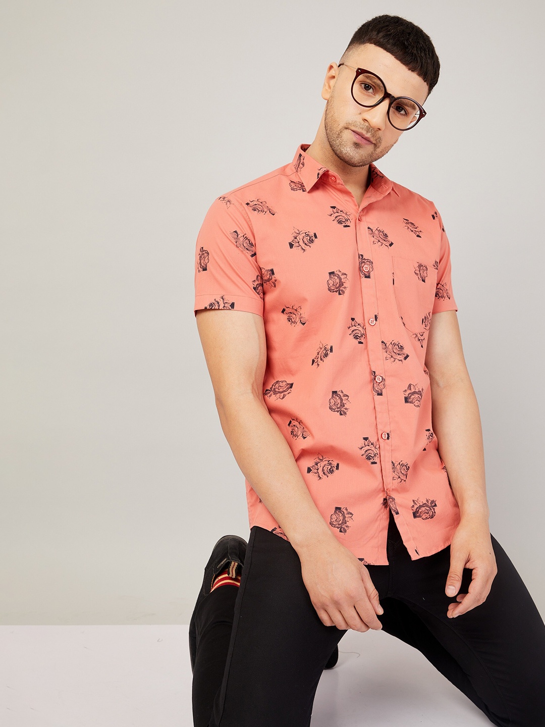 LOUIS MONARCH Comfort Slim Fit Floral Printed Cotton Casual Shirt, Pink