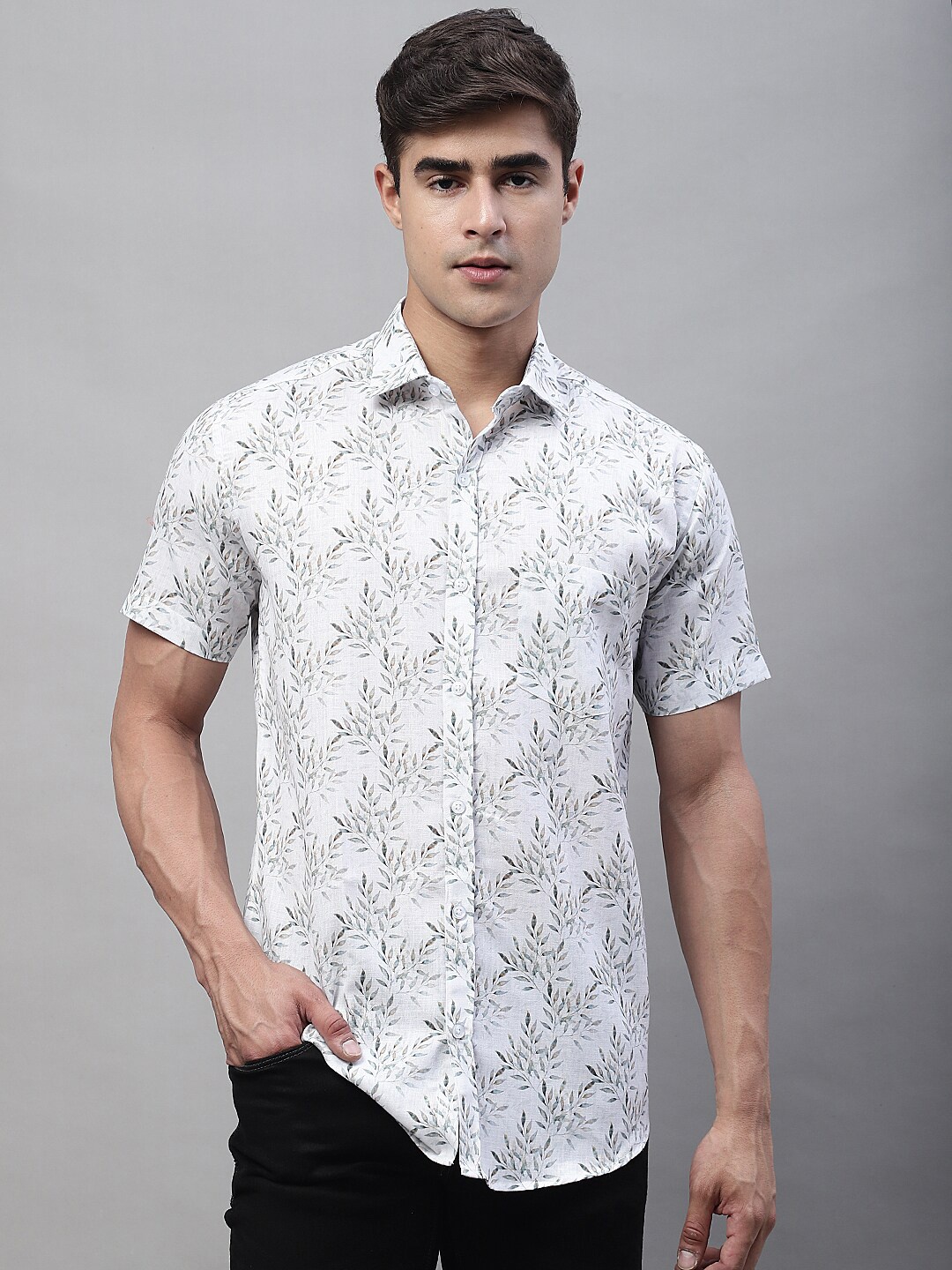 LOUIS MONARCH Comfort Slim Fit Floral Printed Cotton Casual Shirt, White