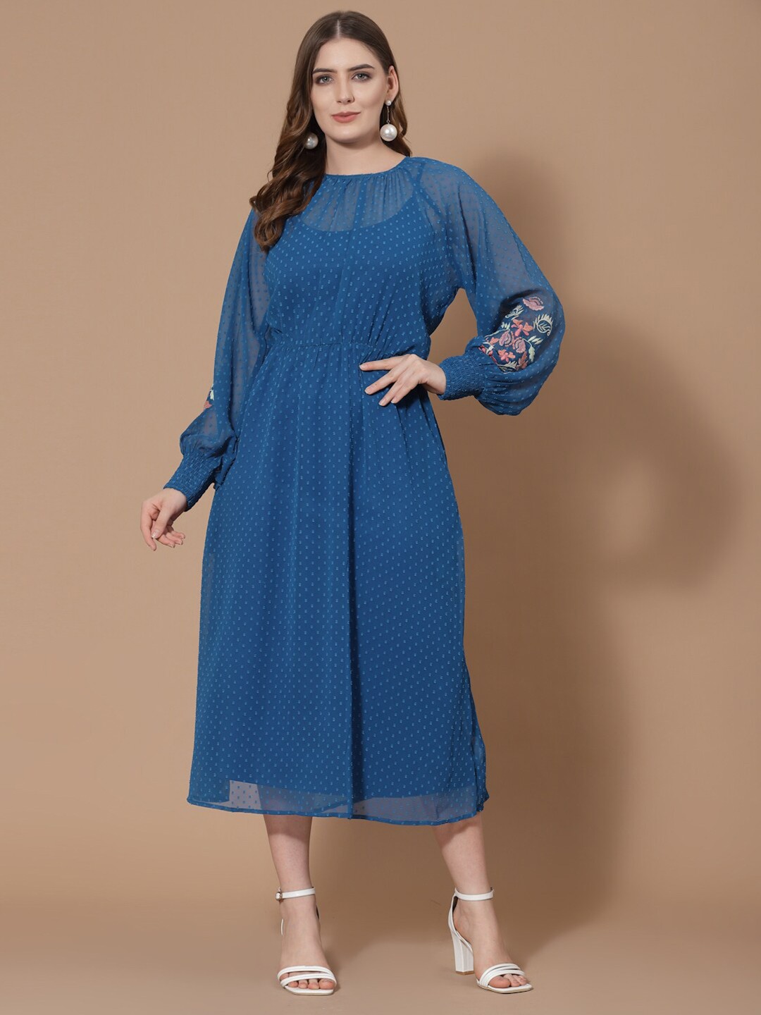 

HOUSE OF KKARMA Round Neck Self Design Puff Sleeves Georgette A-Line Midi Dress, Blue