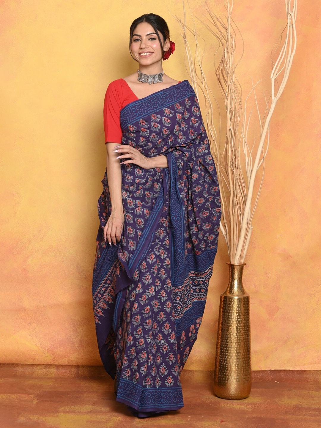 

Very Much Indian Ethnic Motifs Pure Cotton Saree, Blue