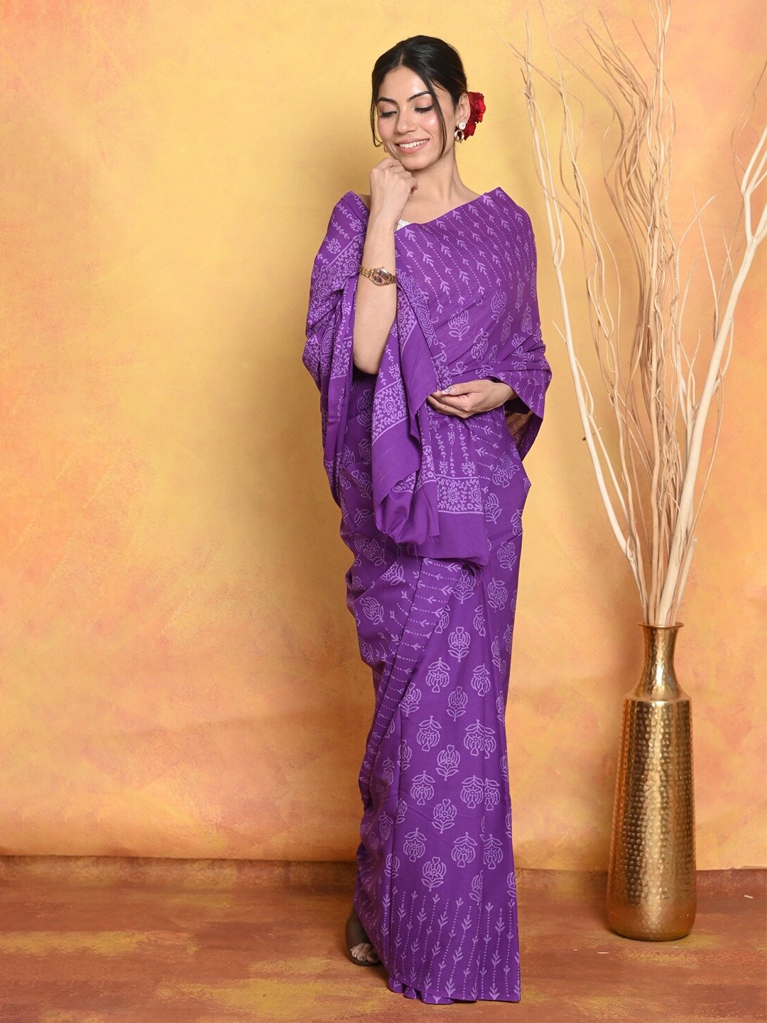 

Very Much Indian Ethnic Motifs Printed Pure Cotton Saree, Purple