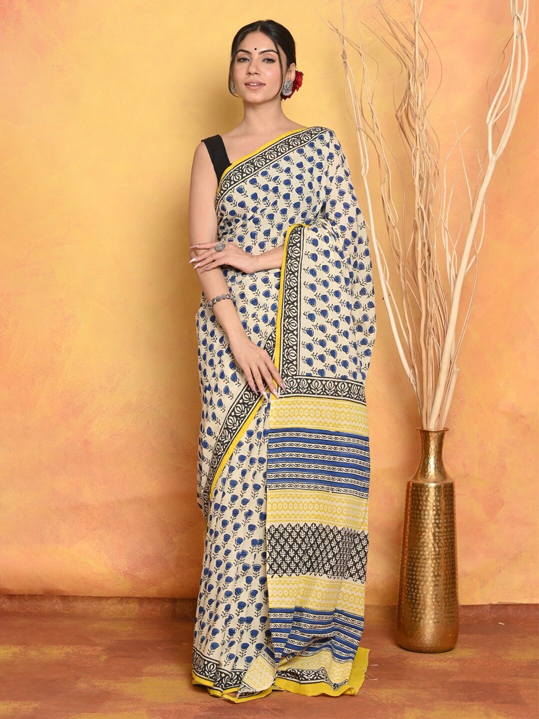 

Very Much Indian Floral Printed Pure Cotton Saree, White