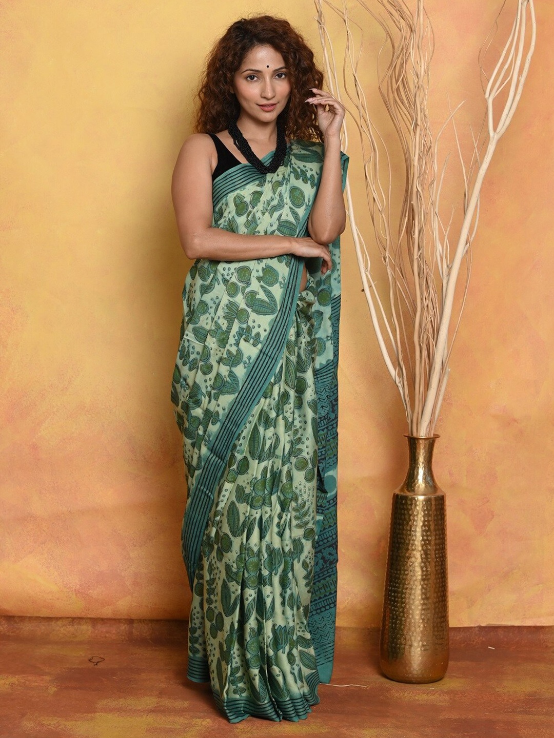 

Very Much Indian Ethnic Motifs Printed Pure Silk Saree, Sea green