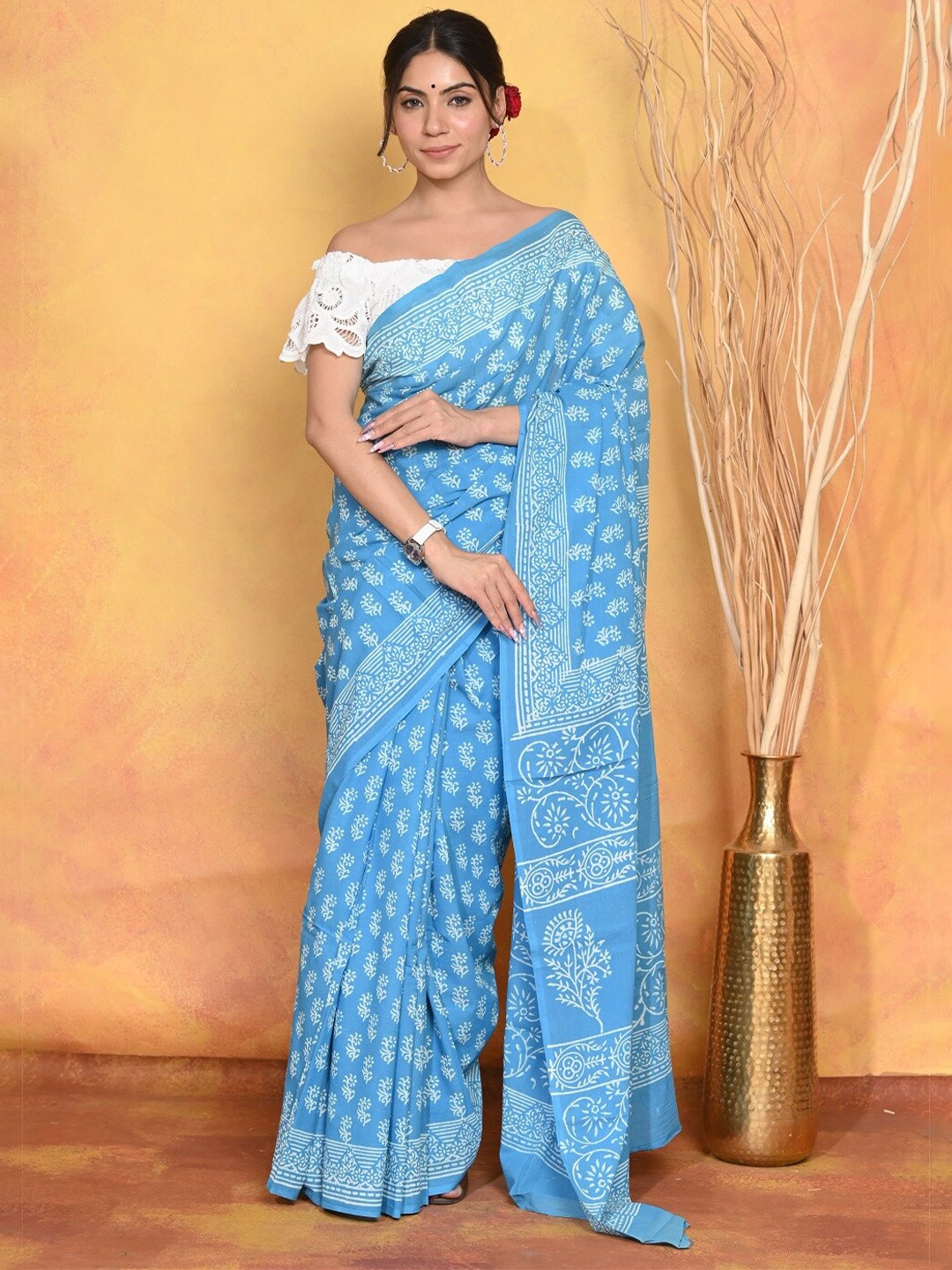 

Very Much Indian Floral Printed Pure Cotton Saree, Blue