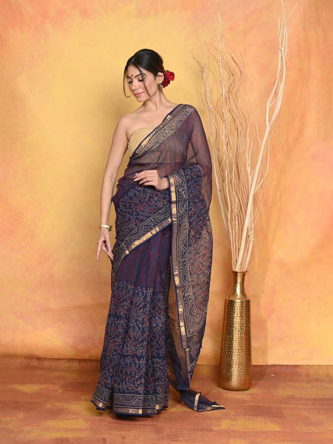 

Very Much Indian Floral Printed Pure Cotton Saree, Blue
