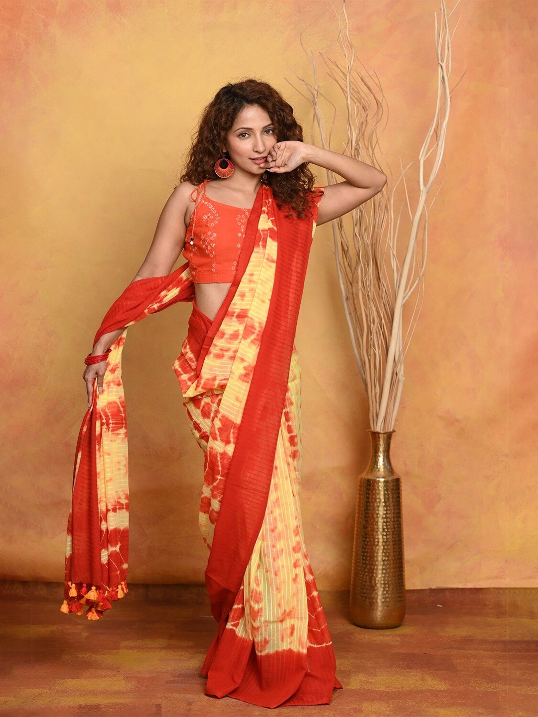 

Very Much Indian Tie And Dye Printed Pure Cotton Saree, Yellow