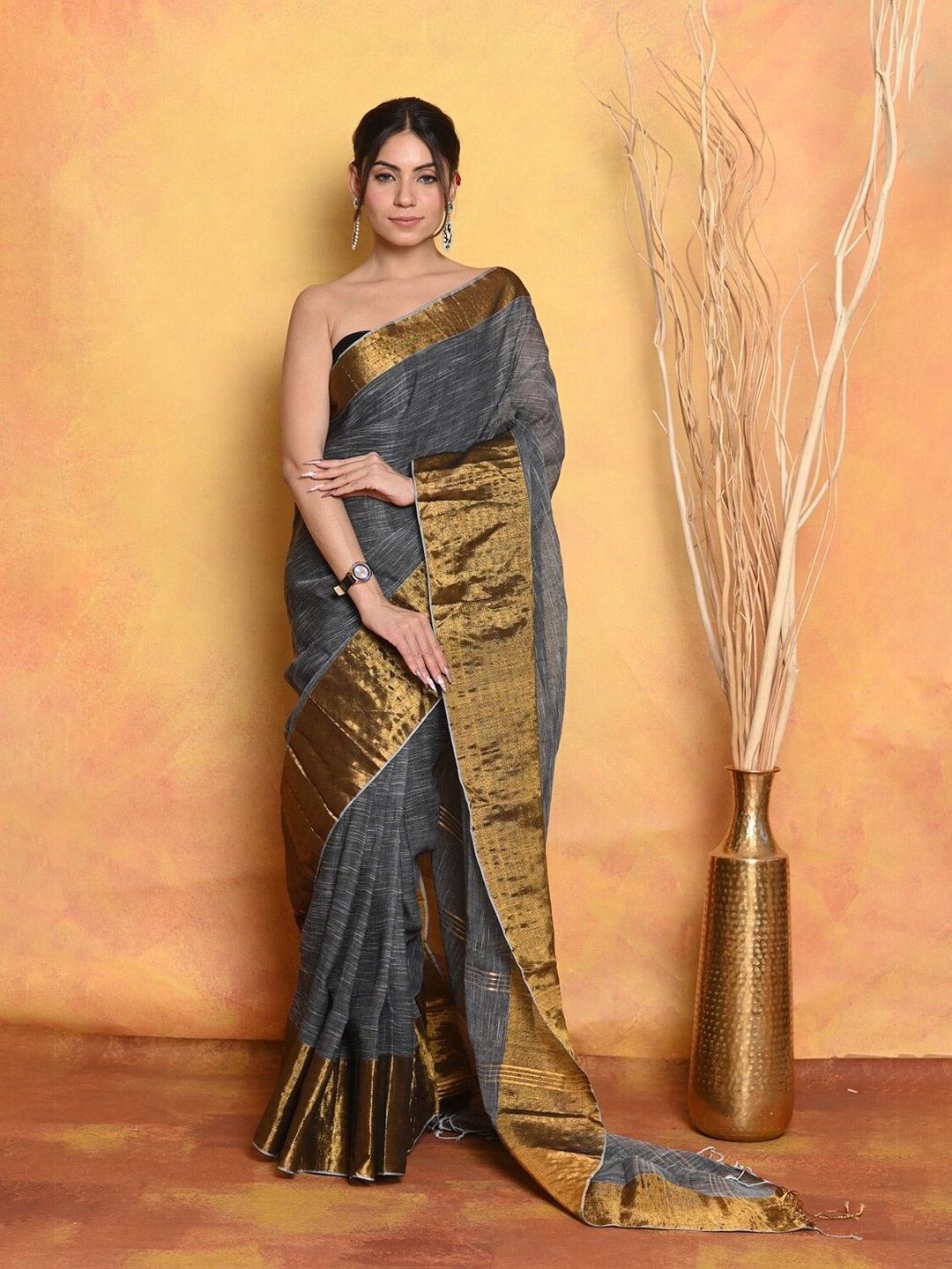 

Very Much Indian Zari Pure Cotton Saree, Grey