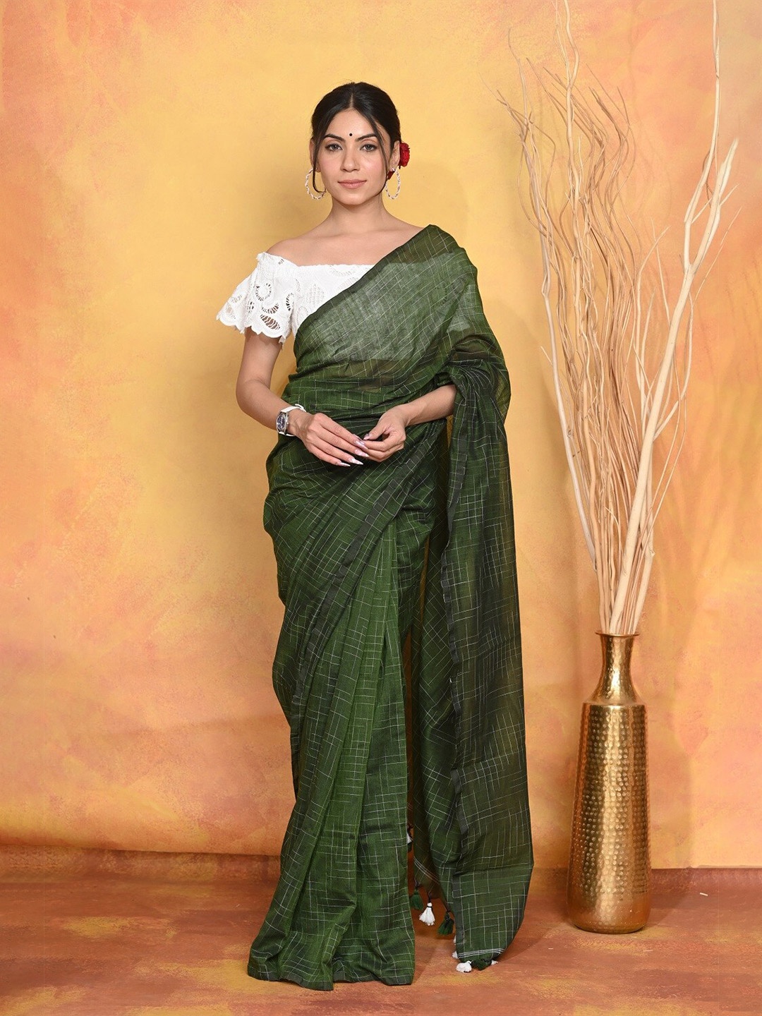 

Very Much Indian Checked Pure Cotton Saree, Green