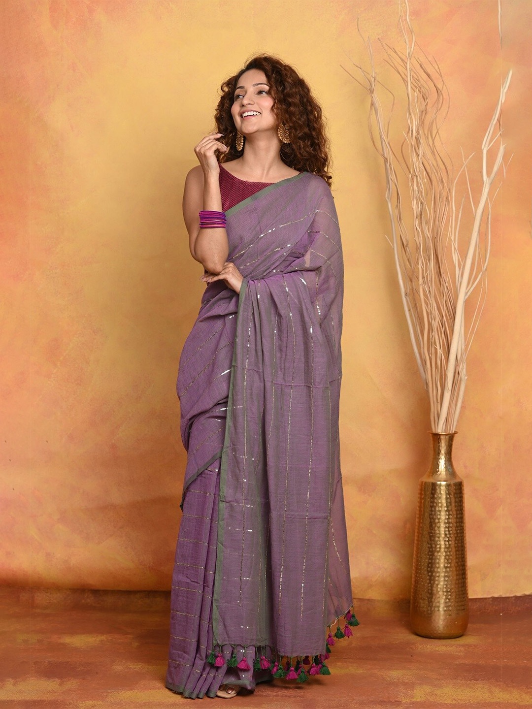 

Very Much Indian Striped Pure Cotton Saree, Lavender