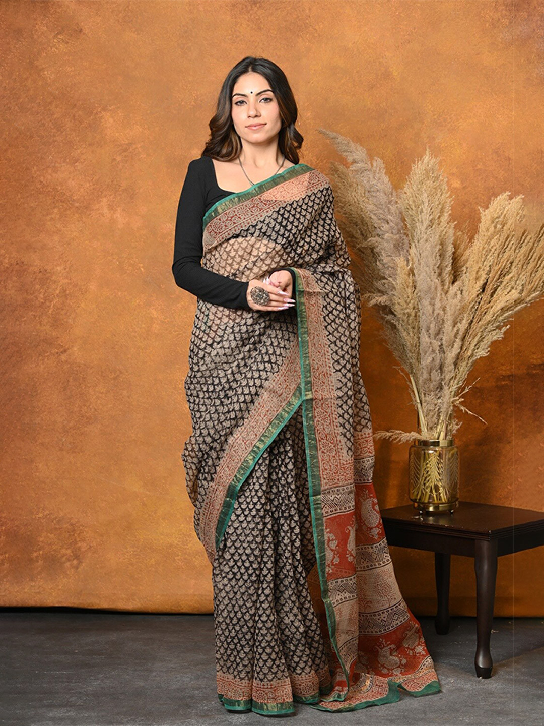 

Very Much Indian Floral Printed Pure Cotton Saree, Black