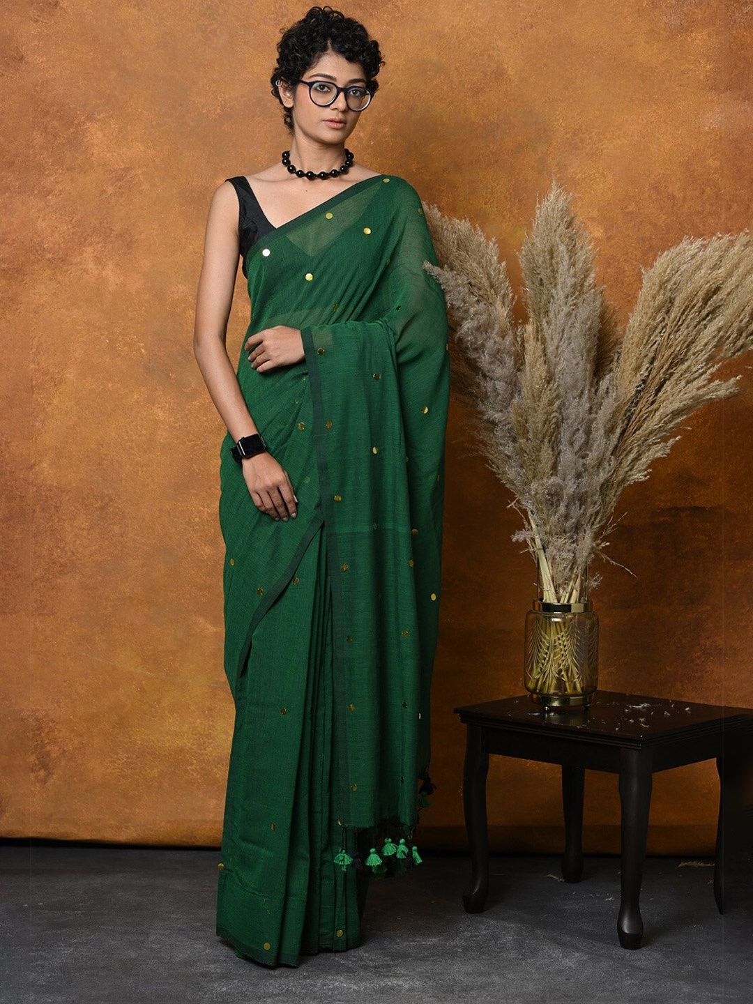 

Very Much Indian Embellished Pure Cotton Saree, Green