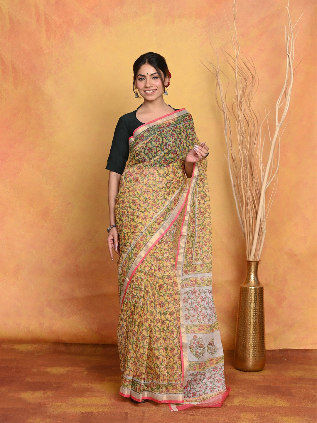 

Very Much Indian Floral Printed Zari Pure Cotton Saree, Yellow