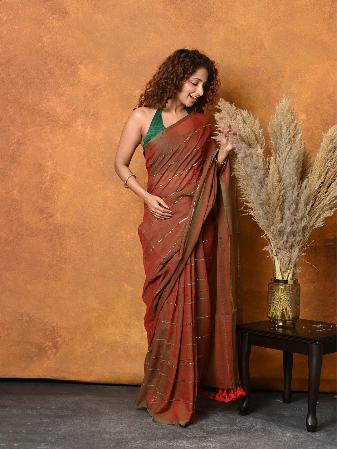 

Very Much Indian Embellished Pure Cotton Saree, Red