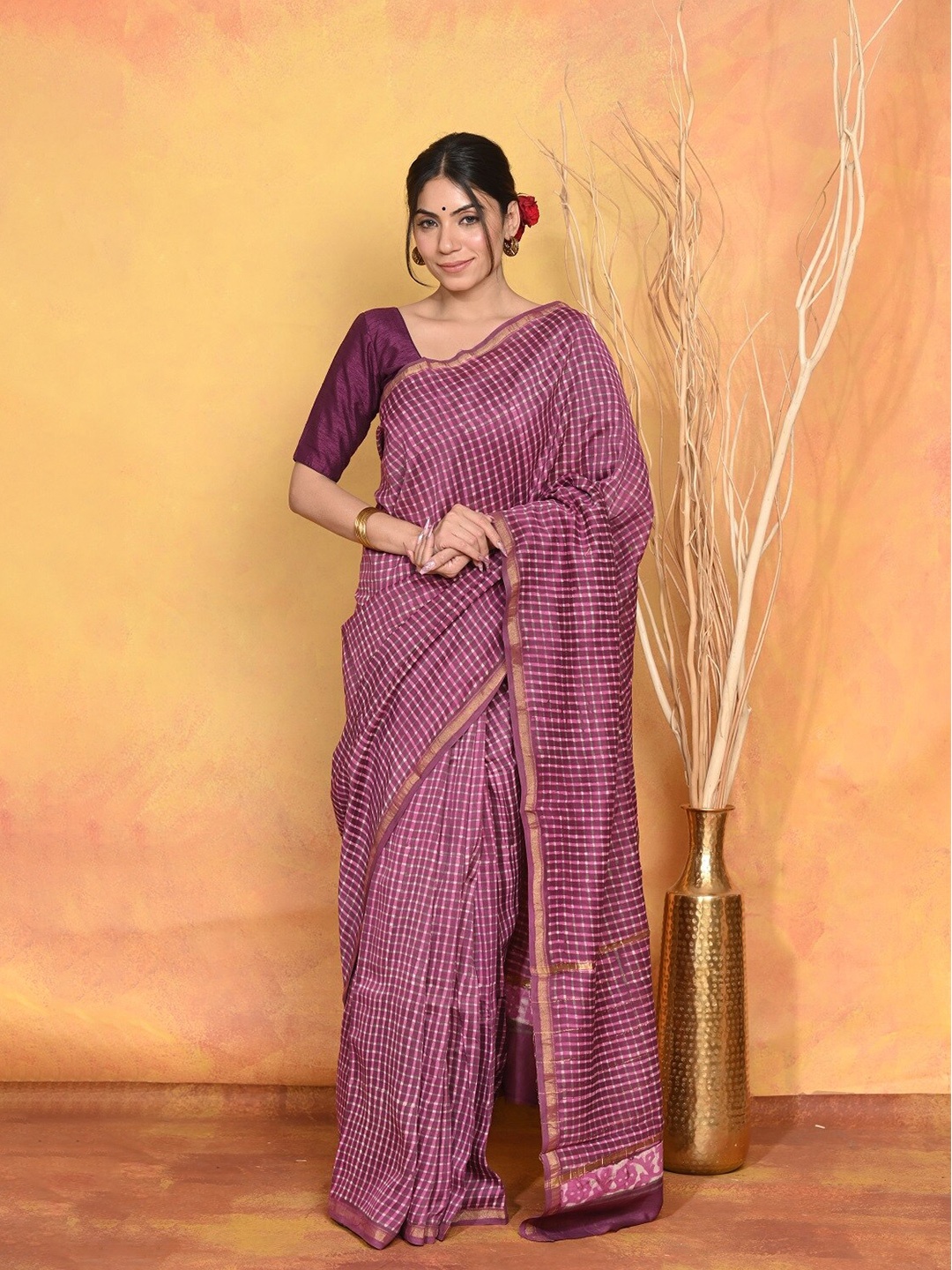 

Very Much Indian Checked Zari Pure Cotton Saree, Mauve