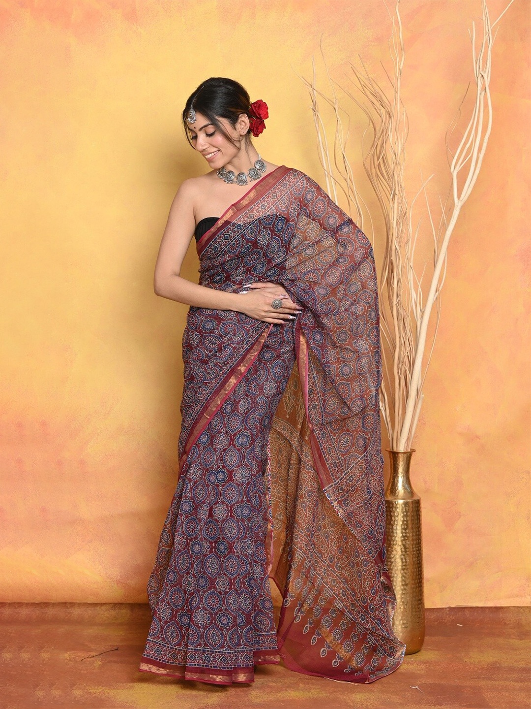 

Very Much Indian Ethnic Motifs Zari Pure Cotton Saree, Grey