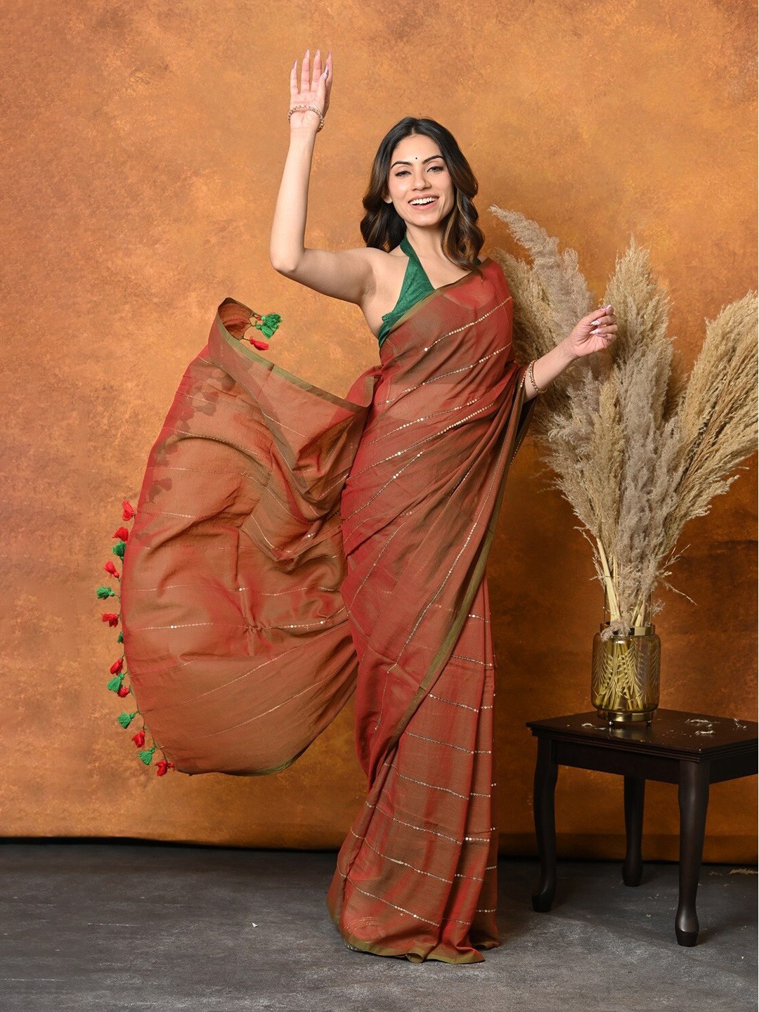 

Very Much Indian Embellished Sequinned Pure Cotton Saree, Red