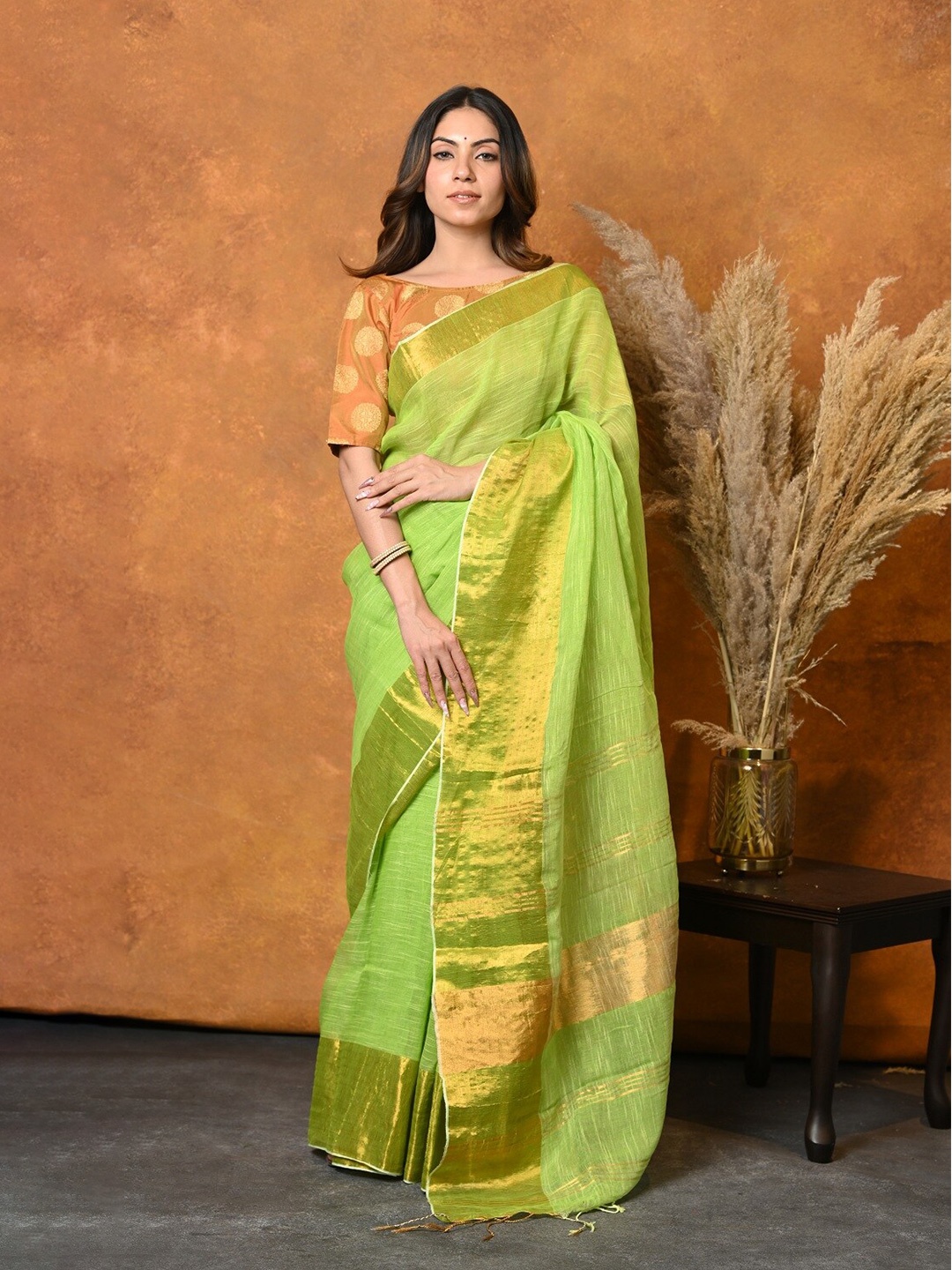 

Very Much Indian Zari Pure Cotton Saree, Green
