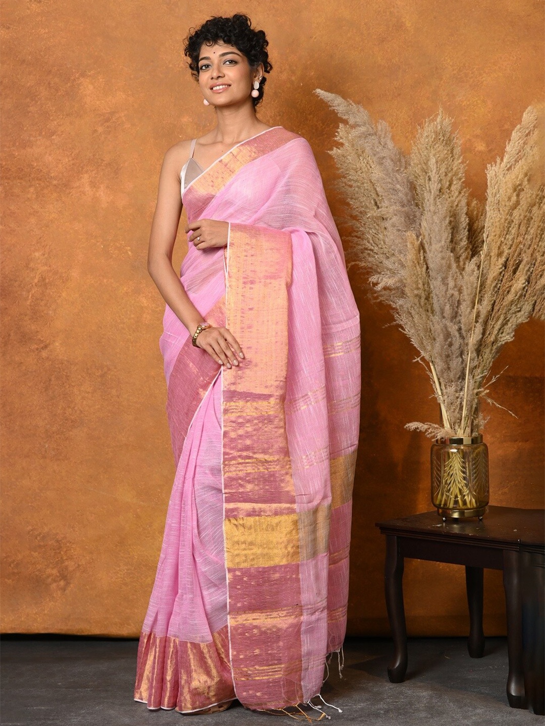 

Very Much Indian Woven Design Zari Pure Cotton Saree, Pink