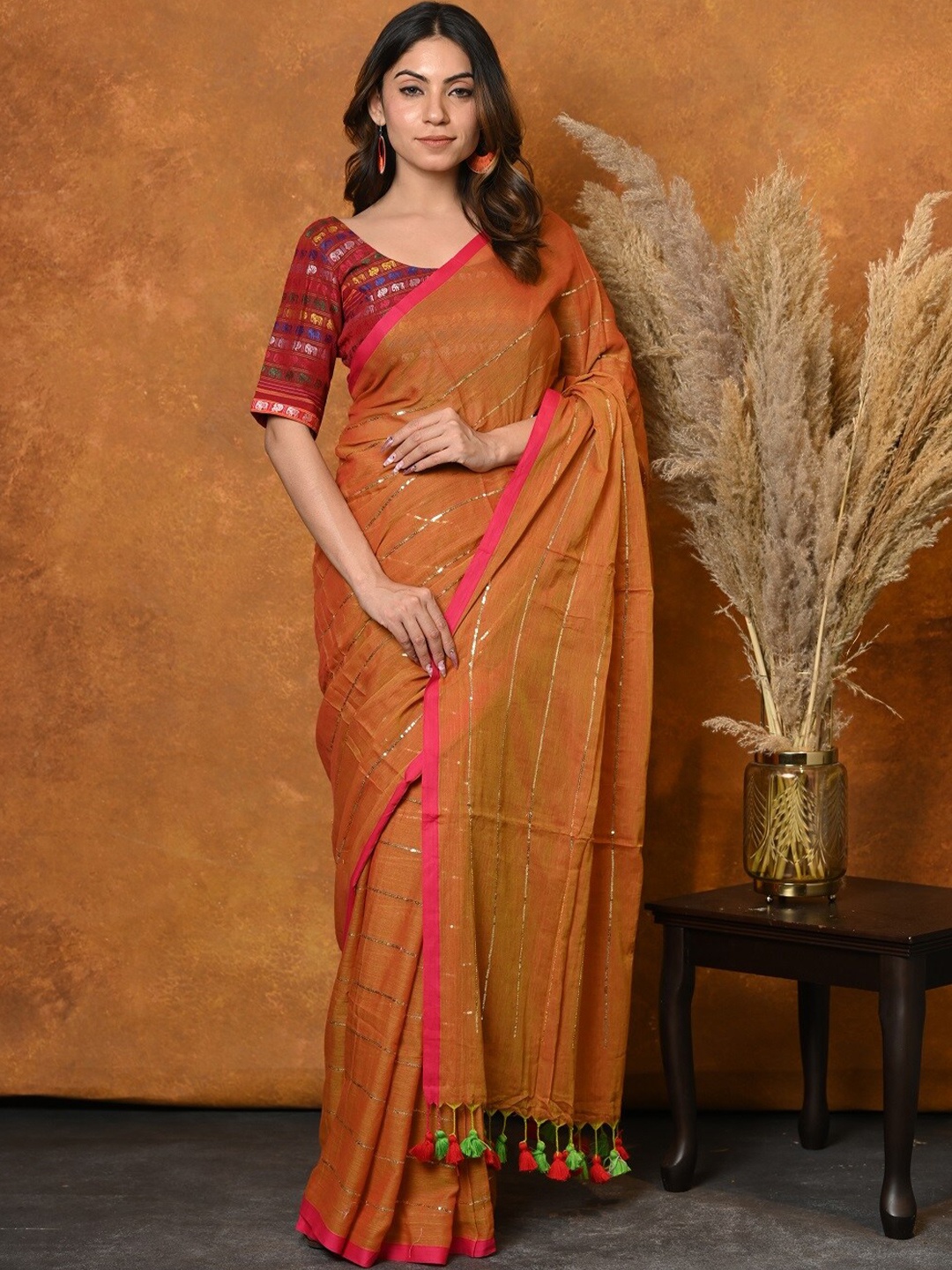 

Very Much Indian Embellished Sequinned Pure Cotton Saree, Orange