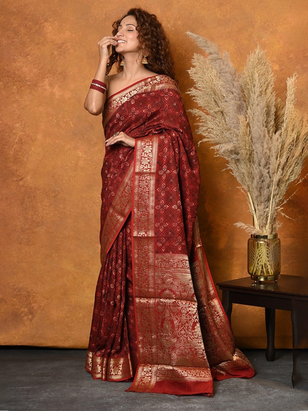 

Very Much Indian Ethnic Motifs Printed Woven Design Zari Pure Silk Saree, Red