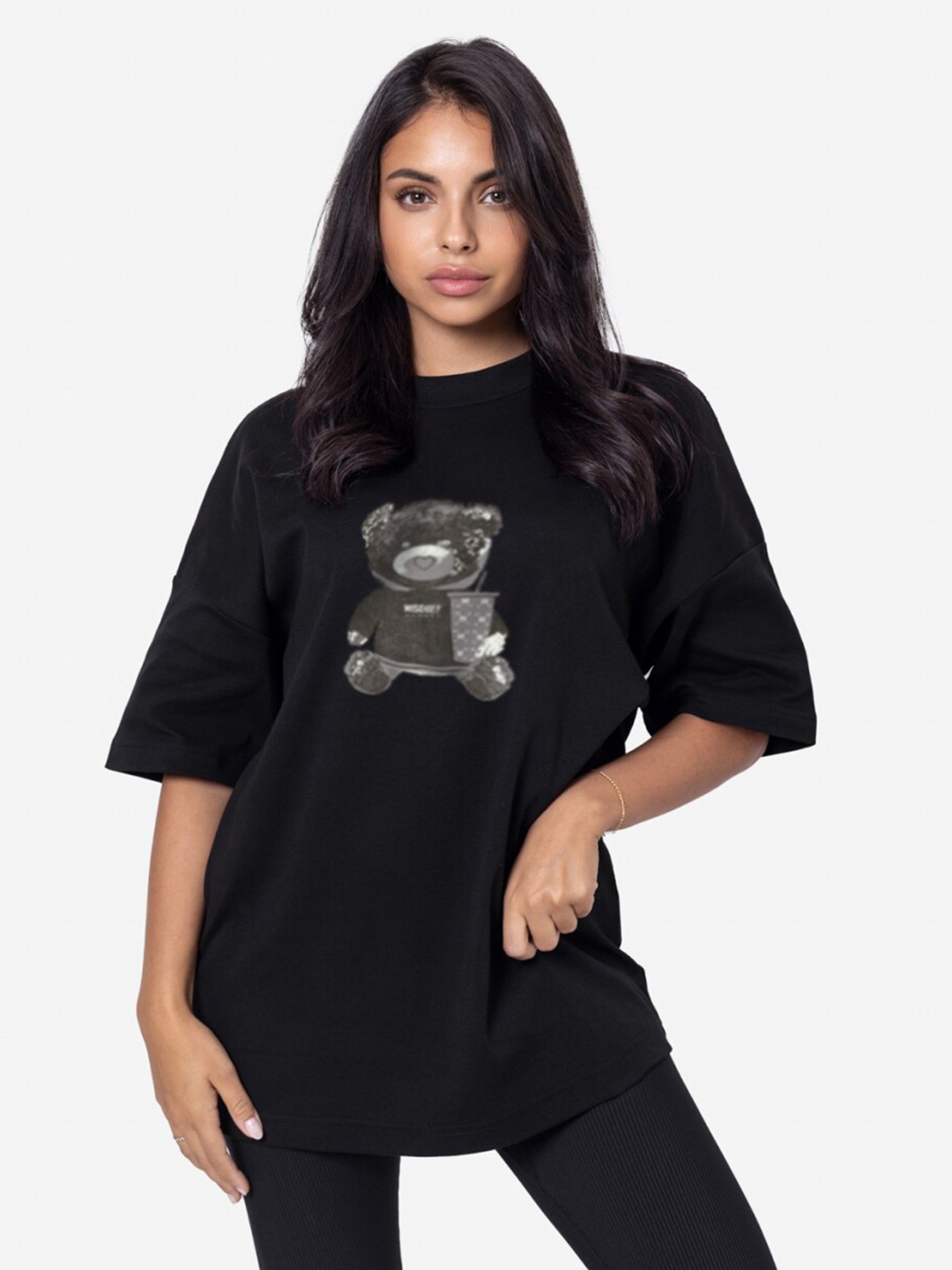 

MISCHIEF MONKEY Round Neck Graphic Printed Cotton Oversized T-shirt, Black