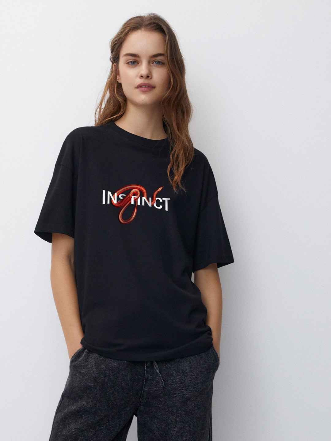 

MISCHIEF MONKEY Typography Printed Drop Shoulder Sleeves Pure Cotton Oversized T-shirt, Black