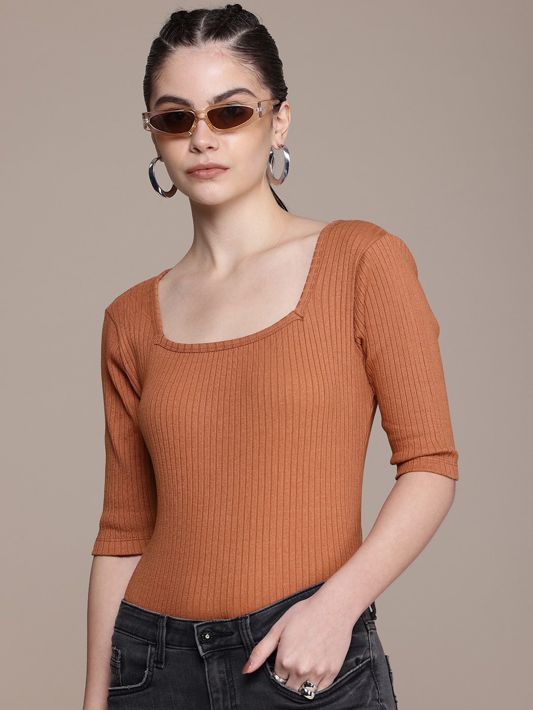 

The Roadster Life Co. Ribbed Square Neck Regular Top, Brown