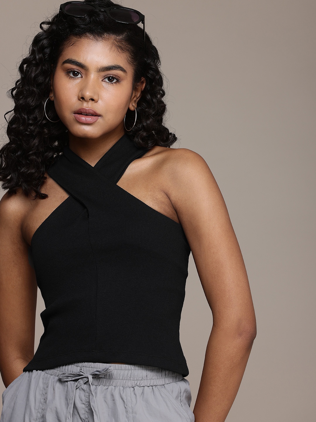 

The Roadster Life Co. Ribbed Criss-Cross Neck Top, Black