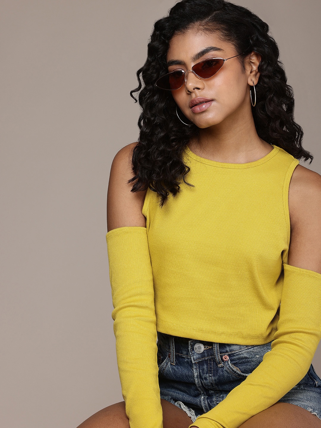 

The Roadster Life Co. Cold-Shoulder Ribbed Crop Top, Mustard