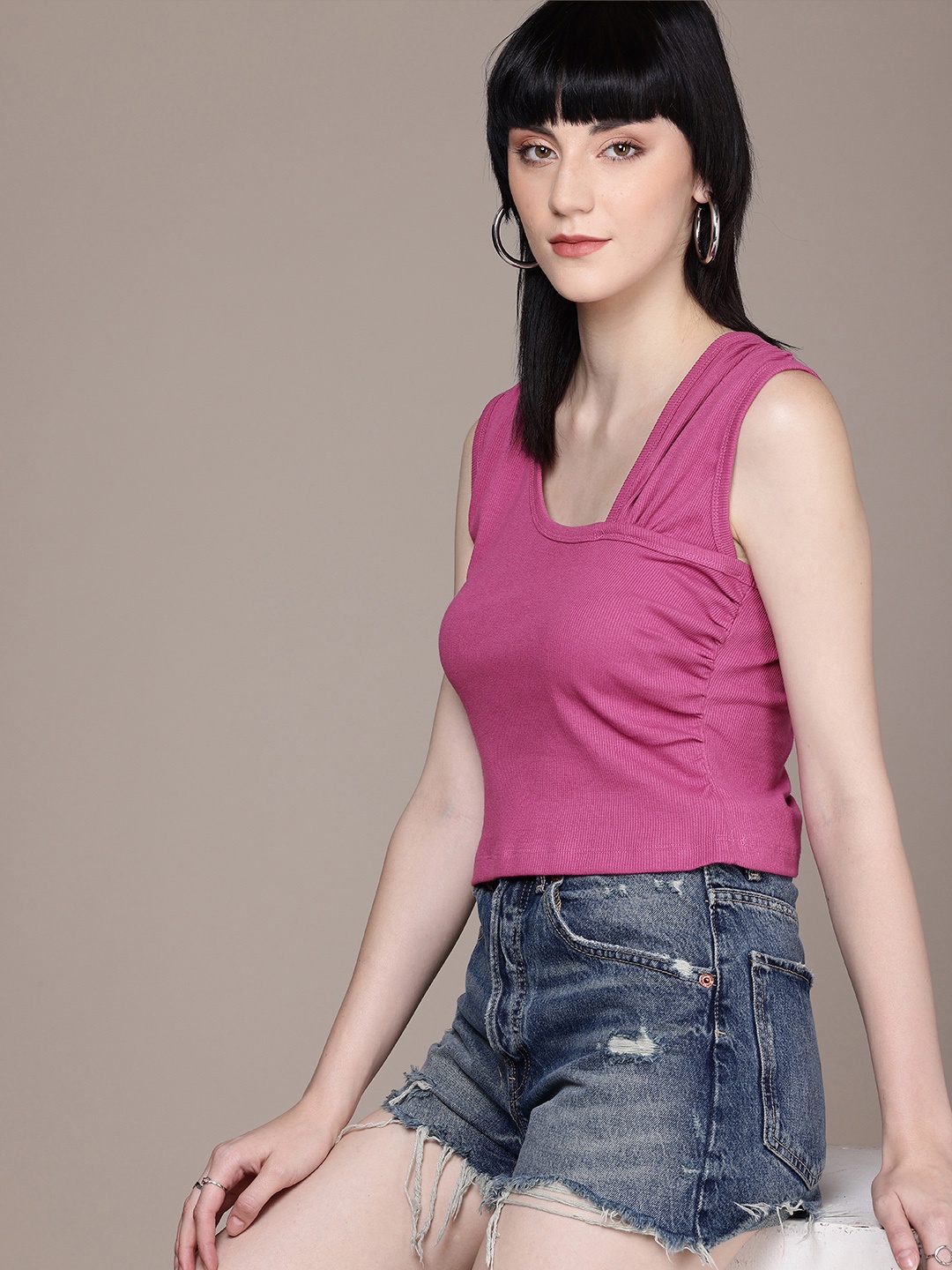 

The Roadster Life Co. Asymmetric Neck Gathered Detail Ribbed Top, Pink